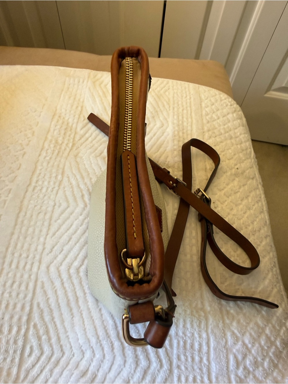 Dooney & Bourke Cream Pebbled Crossbody with Brown Trim - Picture 6 of 13